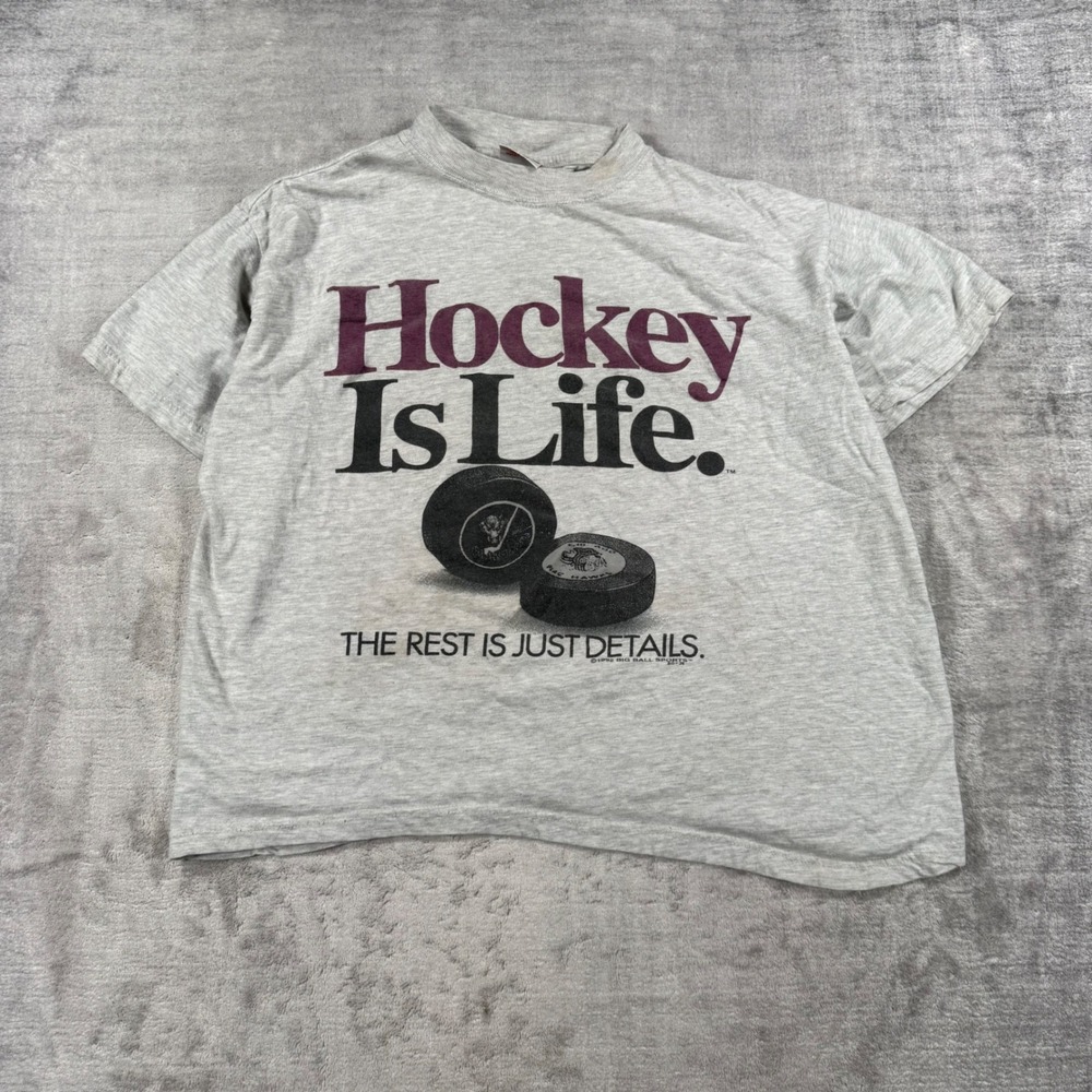 Big Ball Sports Shirt Mens Medium Gray Vintage 1992 Hockey Is Life Novel Teez